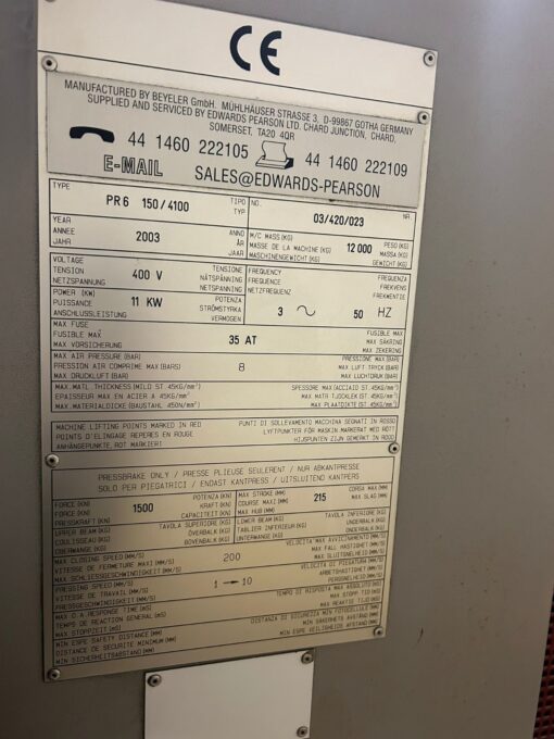 Edwards Pearson PR6 150/4100 CNC Downstroke Pressbrake - Image 4